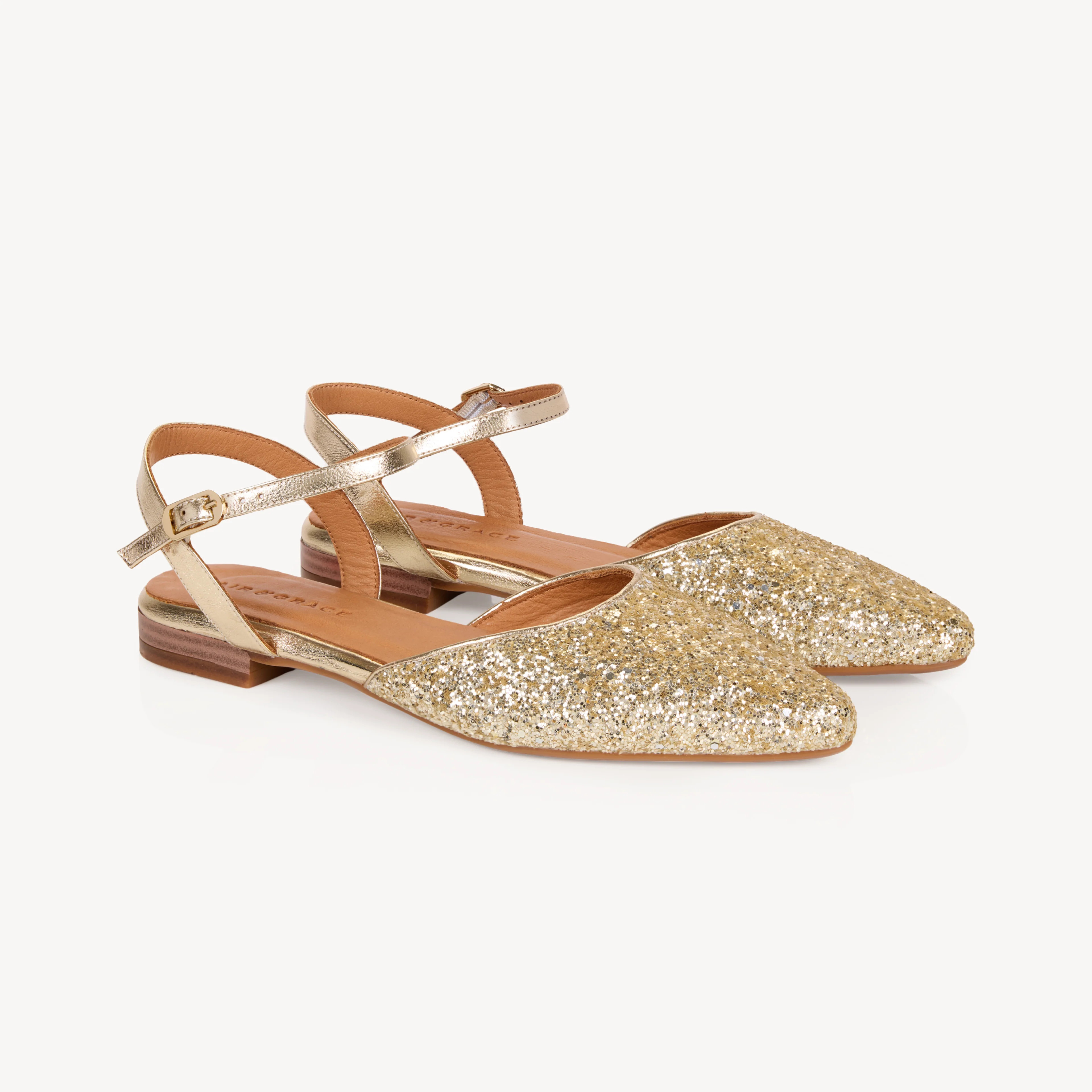 Loulou: Gold Glitter Pointed Flats | Air & Grace