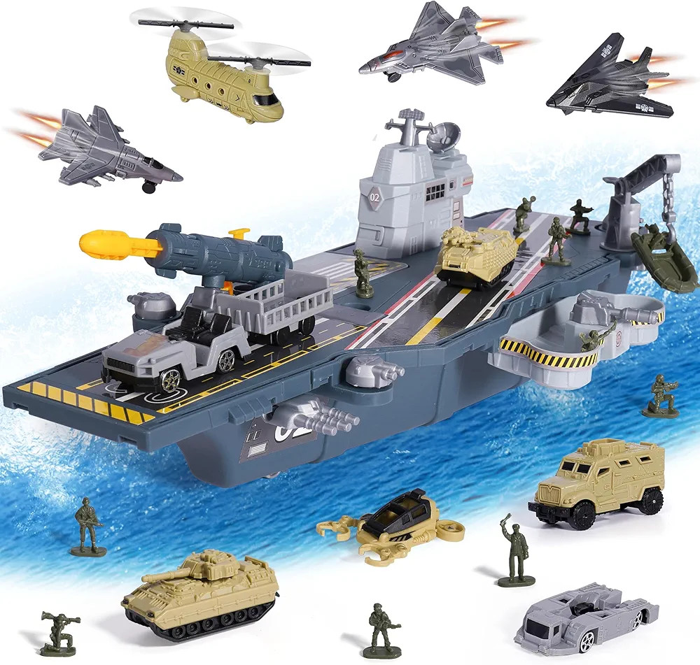 Military Aircraft Carrier Toys, Army Toys with 10 Vehicles, Fighter Jet Helicopter Tanks and Army... | Amazon (US)