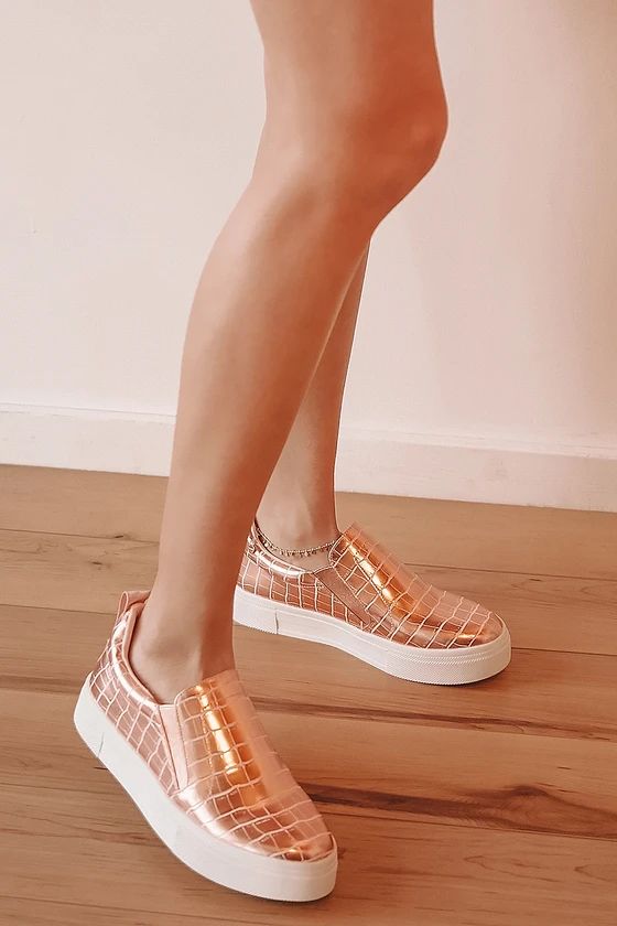 Cassay Rose Gold Crocodile-Embossed Platform Slip-On Sneakers | Lulus (US)