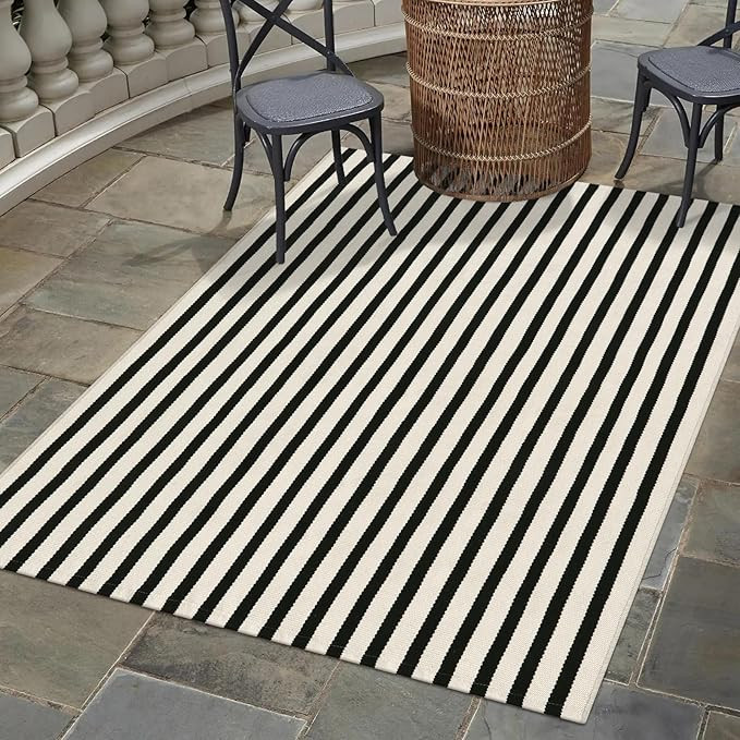 Washable Area Rugs 4'x6', Black and Cream Outdoor Rug Cotton Woven Entryway Rugs Indoor Striped P... | Amazon (US)