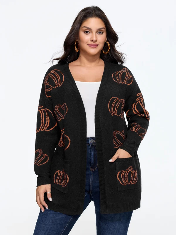 Supersoft Pumpkin Jacquard Pocket Open Front Cardigan | Bloomchic