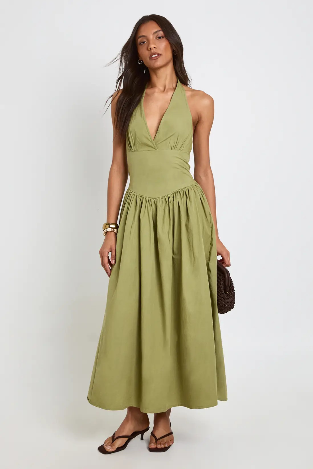 Light Khaki Tall Cotton Poplin Halter Neck Pleated Midi Dress | Boohoo USA | boohoo (US & Canada)