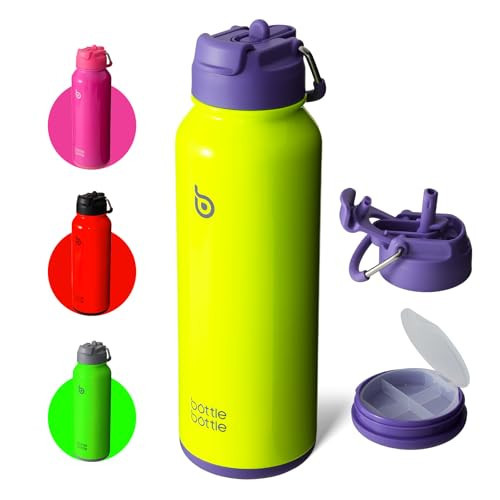 BOTTLE BOTTLE 40 oz sports water bottle stainless steel insulated water bottle with straw and pills holder (neon yellow) | Amazon (US)