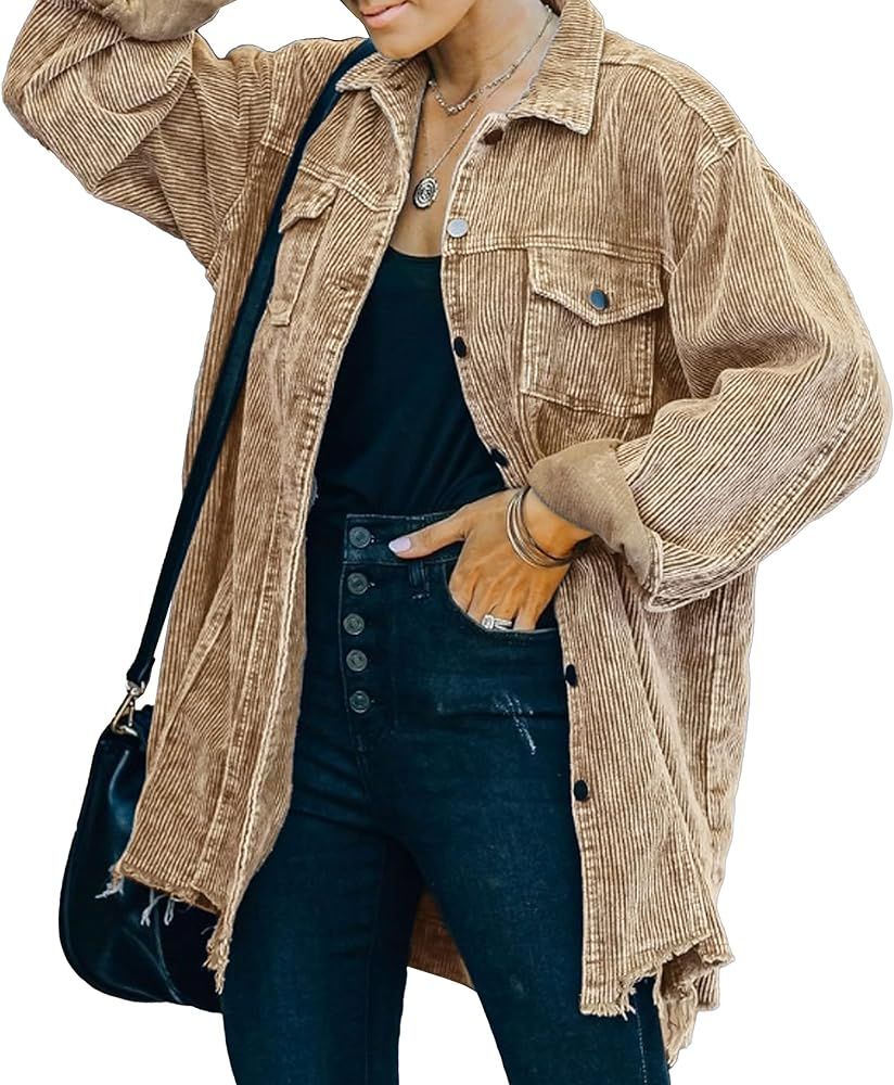 Hixiaohe Women's Casual Oversized Button Down Corduroy Shirt Jacket Coat Washed Retro Shacket | Amazon (US)