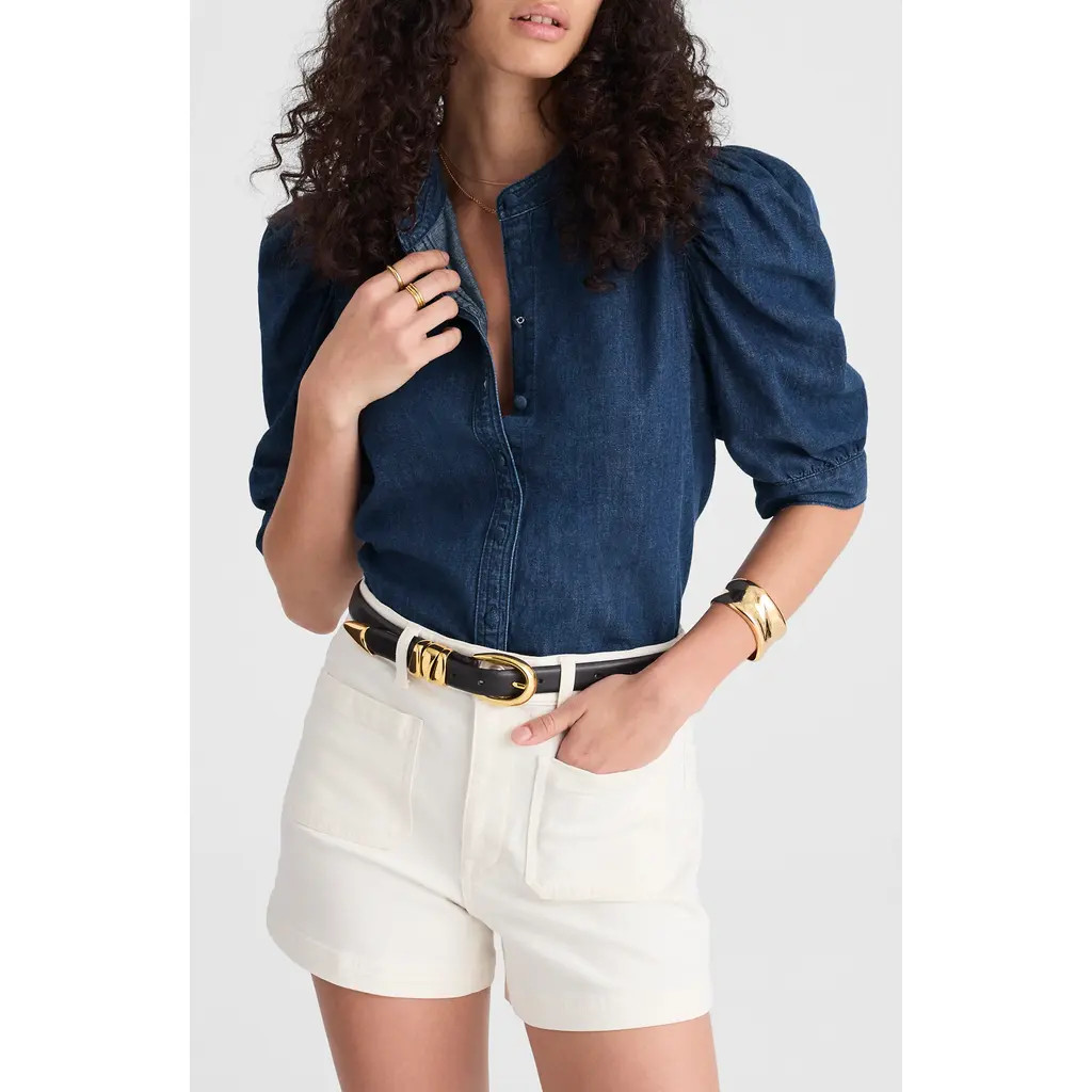 Madewell Denim Puff Sleeve Band Collar Shirt in Plumville Wash at Nordstrom Rack, Size 6 | Nordstrom Rack