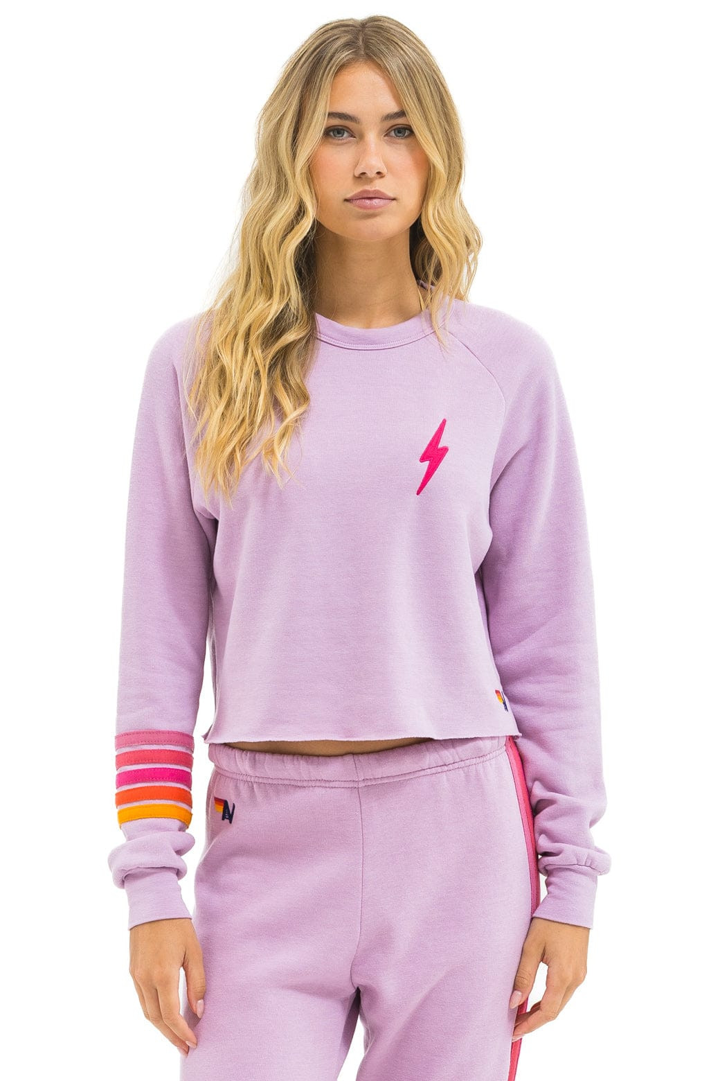 BOLT RUGBY STITCH CROPPED CREW SWEATSHIRT - MAUVE // MAGENTA ORANGE | Aviator Nation