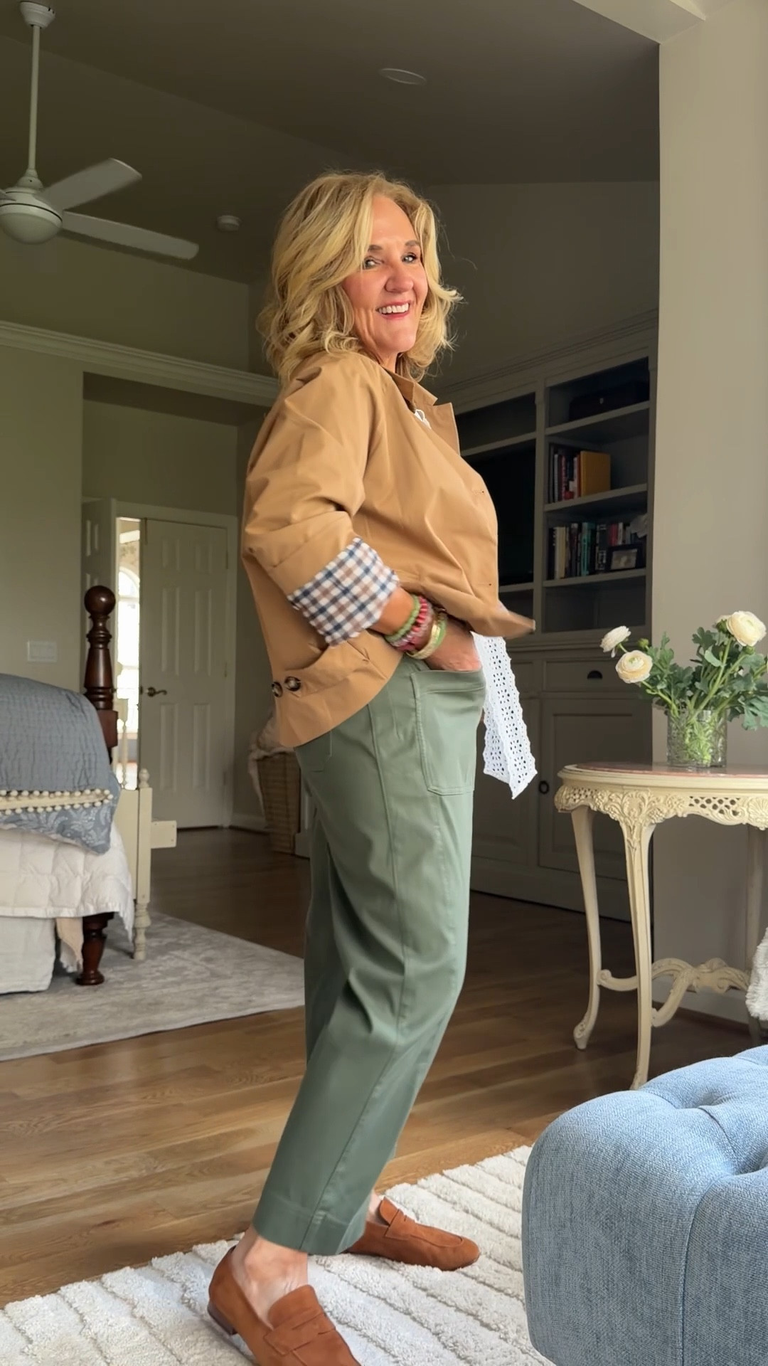 20% off code NANETTE20 on my bracelets! Great cold spring weather outfit 
Loft blouse size medium 
Spanx twill pants run big I’m in a med petite 
Linking a similar modesty cami 
My bracelet set launches in 2 days!!!! 

#LTKPetite #LTKOver40 #LTKootd