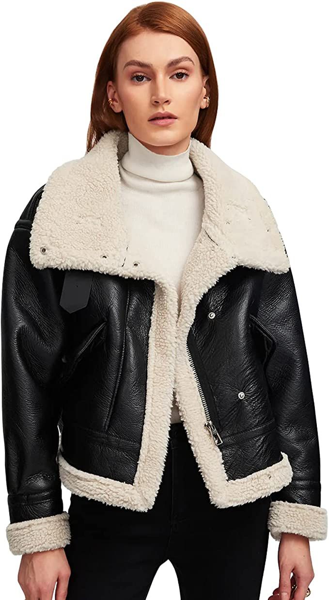 AHA SELECTED Women's Faux-Leather Jacket Essential Fleece Lined Drop Shoulder Winter Warm Fashion | Amazon (US)