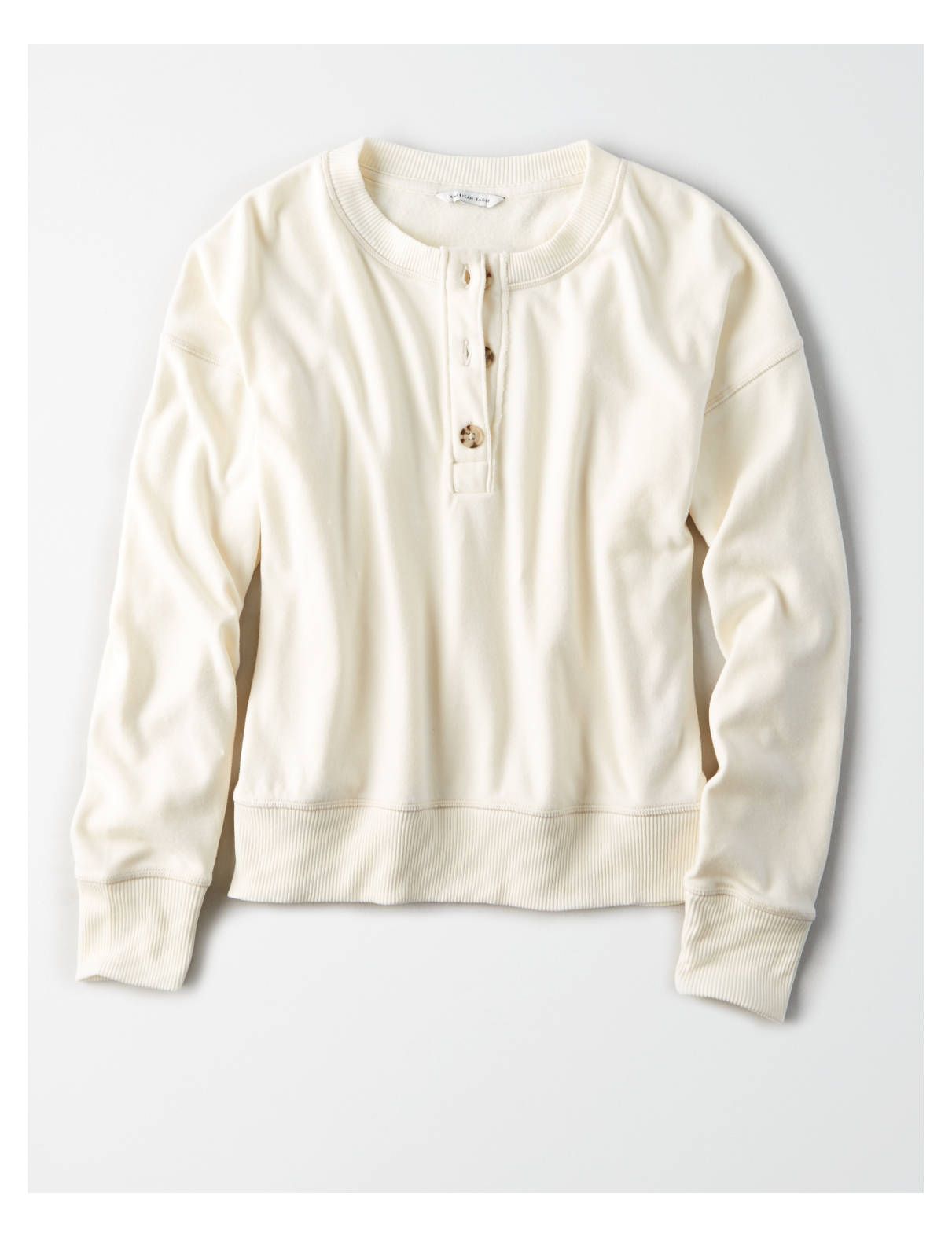 AE Henley Crew Neck Sweatshirt, Cream | American Eagle Outfitters (US & CA)