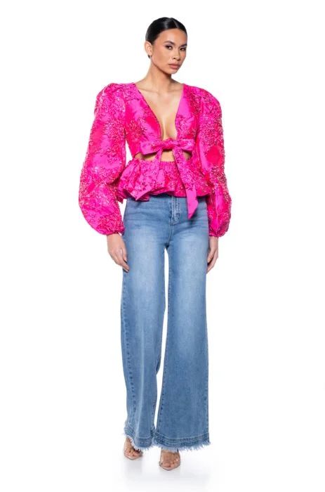 KENNA BROCADE TIE FRONT CUTOUT BLOUSE in pink | AKIRA