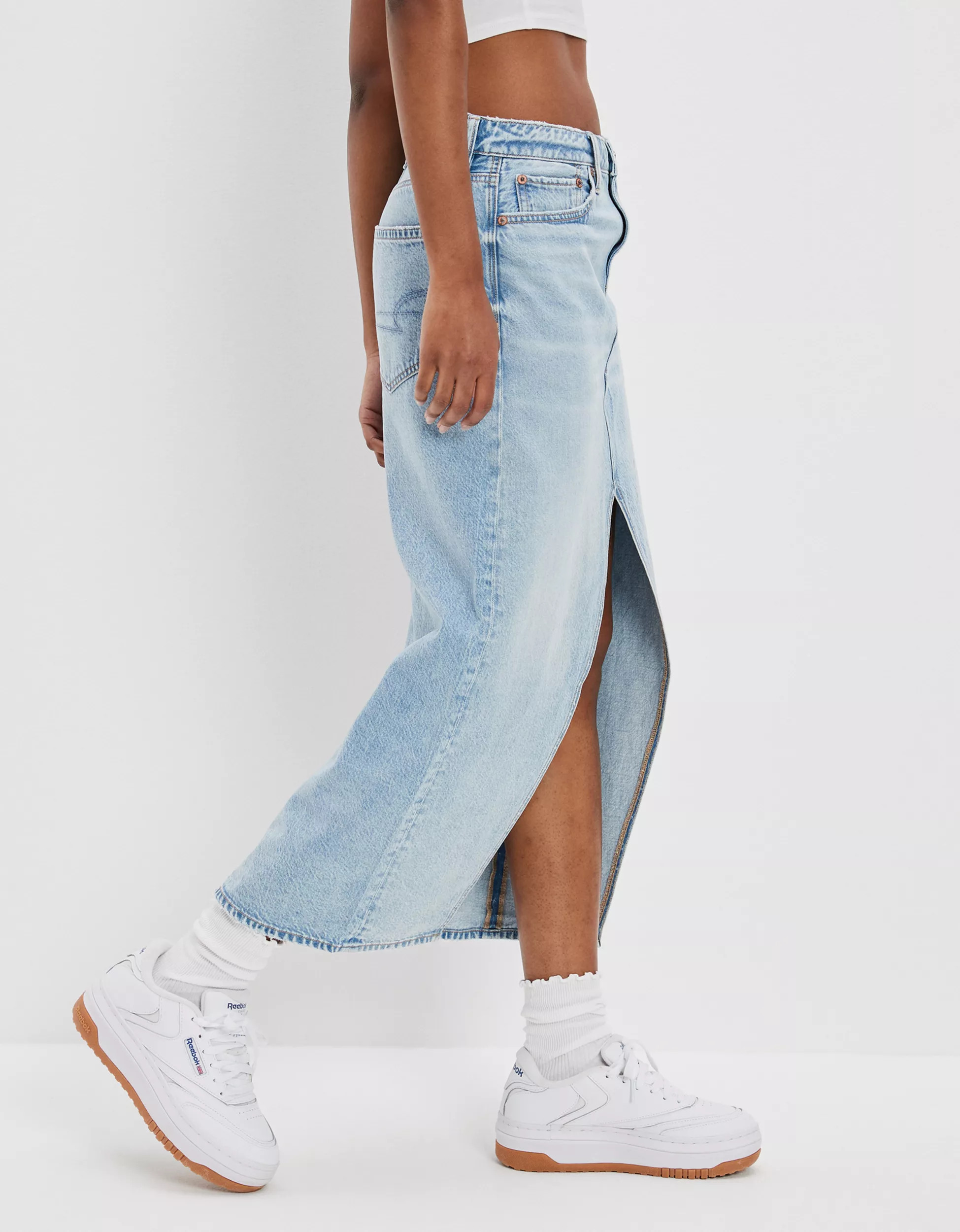 AE Dreamy Drape Low-Rise Denim Maxi Skirt | American Eagle Outfitters (US & CA)