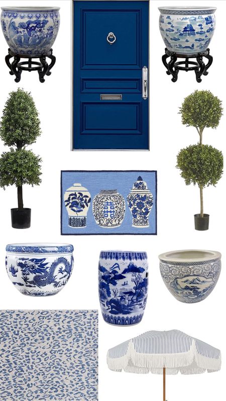 Blue and white out door, decor, chinoiserie planter, topiary, exterior door, paint, doormat, ginger jar, patio umbrella, outdoor rug

#LTKhome #LTKSeasonal