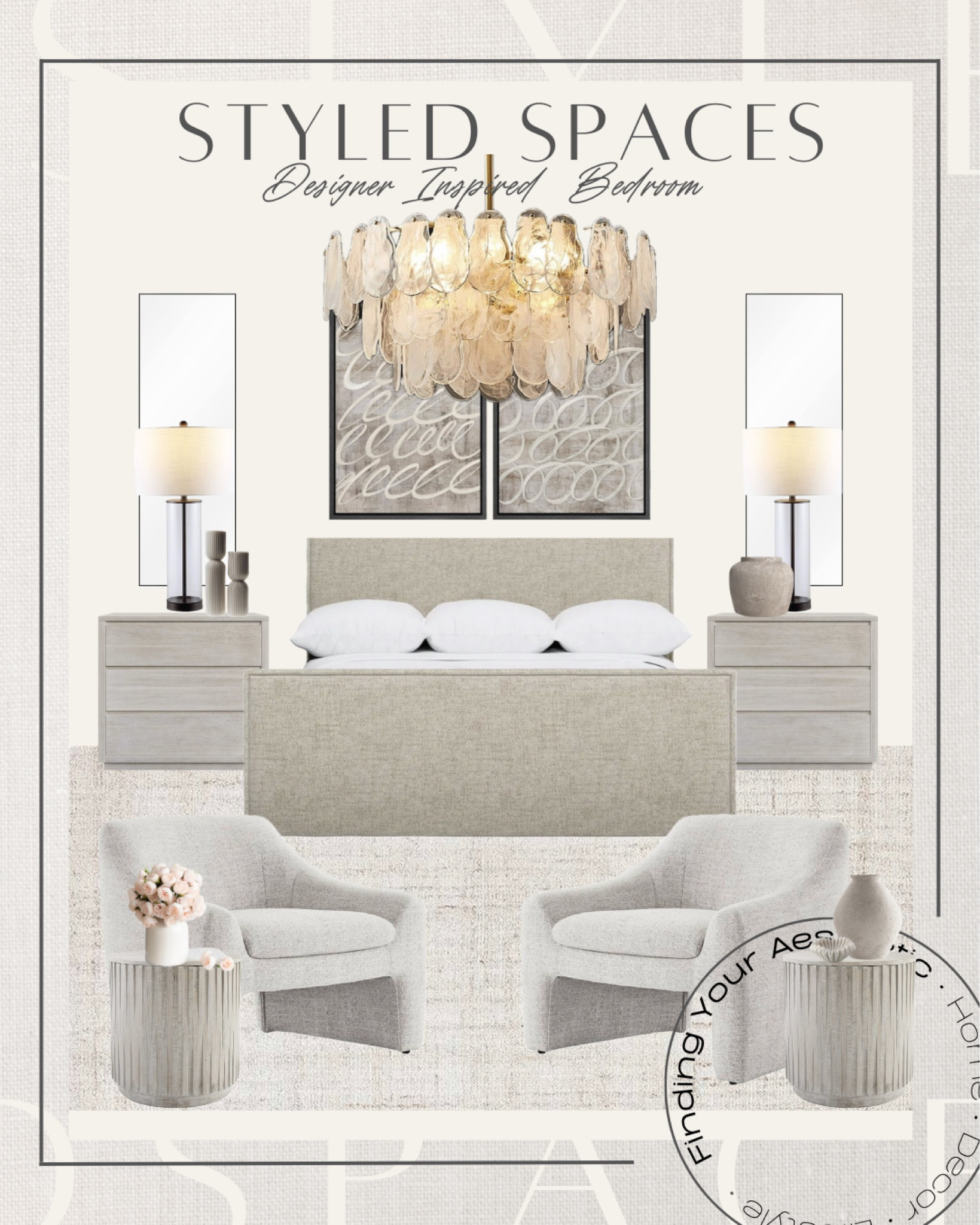 Designer inspired neutral and modern bedroom design inspo 

Fabric bed neutral // washed oak nightstand // nightstand with storage // restoration hardware chandelier dupe // crystal chandelier round // loop wall art // affordable floor mirror // neutral area rug // accent chair modern // organic modern vase // organic modern decor // end table neutral // table lamp modern // restoration hardware dupe // arhaus dupe // pottery barn dupe // Amazon home finds 

#LTKhome #LTKstyletip