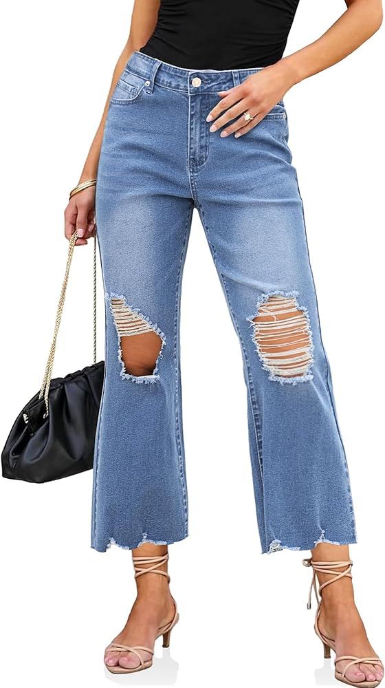 luvamia Wide Leg Jeans for Women Trendy High Waisted Flare Ripped Cropped Jeans Stretchy Distress... | Amazon (US)