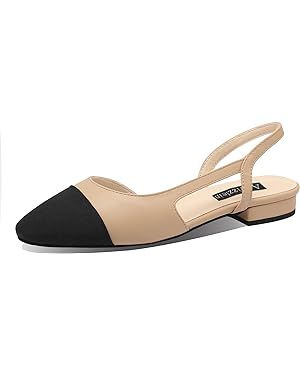Adrizzlein Womens Slingback Flat Pumps Closed Round Toe Two Toned Casual Flat Office Shoes | Amazon (US)