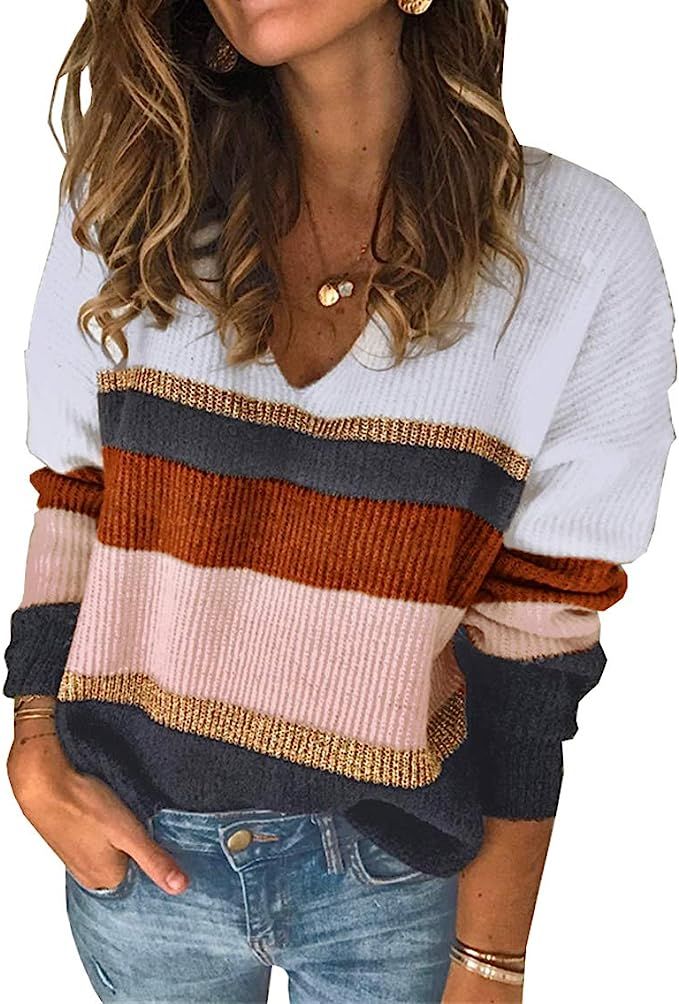 PRETTYGARDEN Women’s Fashion Long Sleeve Striped Color Block Knitted Sweater Crew Neck Loose Pu... | Amazon (US)