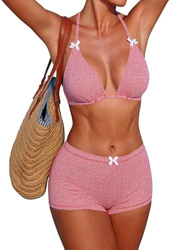 ZAFUL Red Women's Gingham Bikini Shorts Sets Bow Halter Triangle Y2K Bikini Two Piece Bathing Suit Shorts Plaid Boyshort Swimsuits for Vacation XL | Amazon (US)