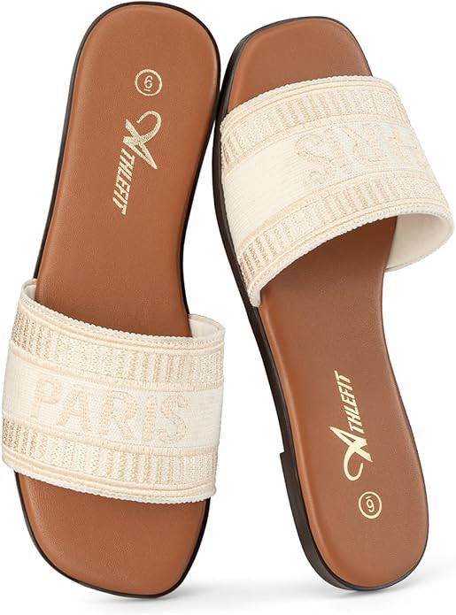 Amazon.com | Athlefit Women's Slides Summer Fashion Slip On Flat Sandals Dressy Beige Size 8.5 | ... | Amazon (US)