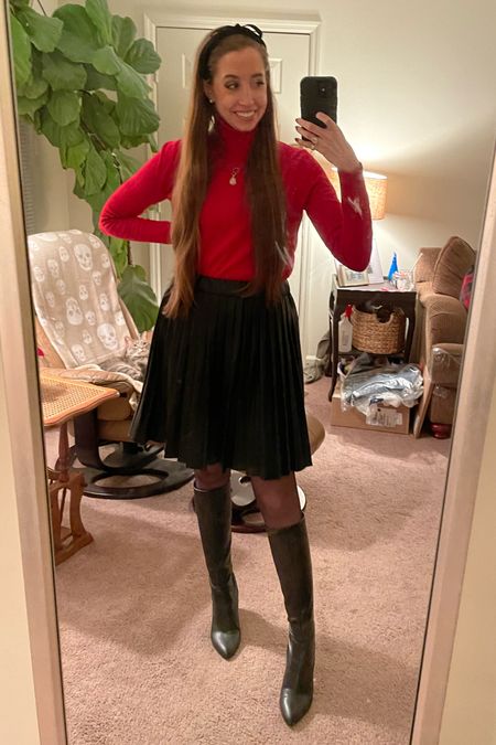 Fun holiday outfit! 
.
Christmas outfit holiday outfit faux leather pleated skirt black boots red sweater amazon finds coquette bow headband 

#LTKstyletip #LTKHoliday #LTKSeasonal