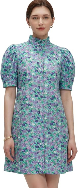 Women Summer Floral Mini Dress Ruffle Neck Puffer Sleeve Boho Beach Shift Dresses | Amazon (US)