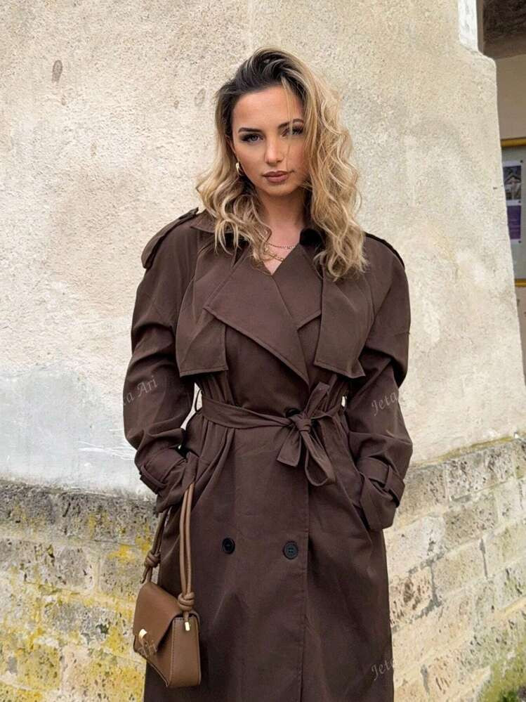 Jeta Ari Nuovo Cappotto Trench Inglese Doppio Petto, Colore Marrone, Con Decorazione Bavero, Cintura In Vita, Impermeabile E Caldo, Colore Caffè, Multifunzione, Extra Lungo | SHEIN