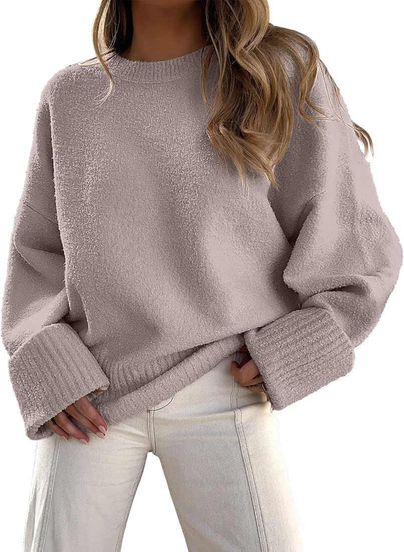 Women's Crewneck Long Sleeve Oversized Fuzzy Knit Chunky Warm Pullover Sweater Top | Amazon (US)
