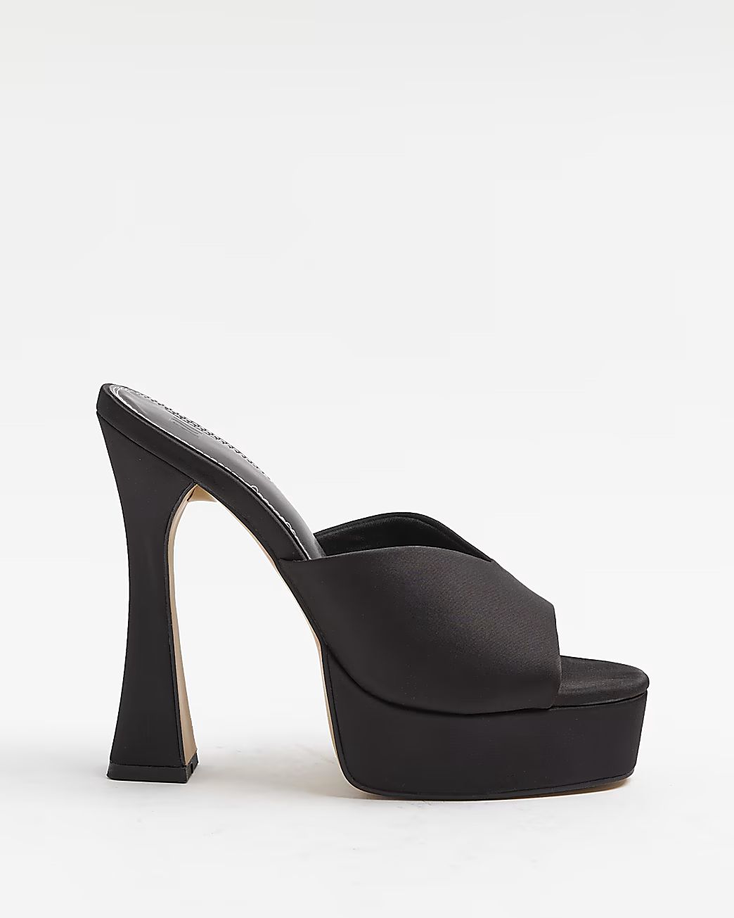 Black satin platform heeled mules | River Island (UK & IE)