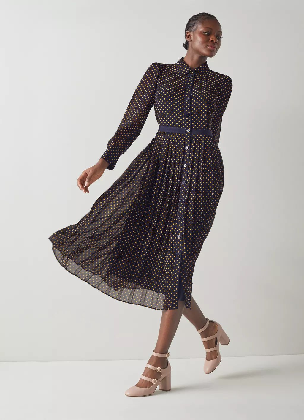 Tallis Navy And Yellow Spot Print Pleated Shirt Dress | L.K. Bennett (UK)