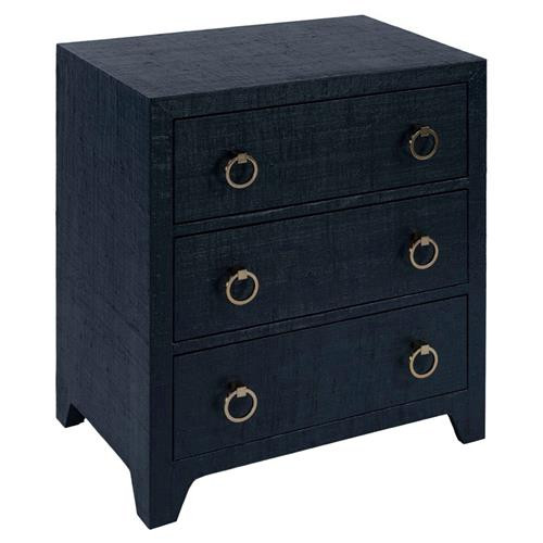 Bien Modern Classic Navy Blue Raffia Solid Wood 3 Drawer Chest Nightstand | Kathy Kuo Home