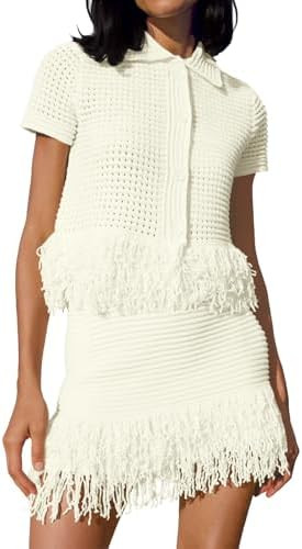 Fisoew Womens 2 Piece Crochet Outfits Short Sleeve Button Knit Sweater Tops Fringe Skirt Summer V... | Amazon (US)