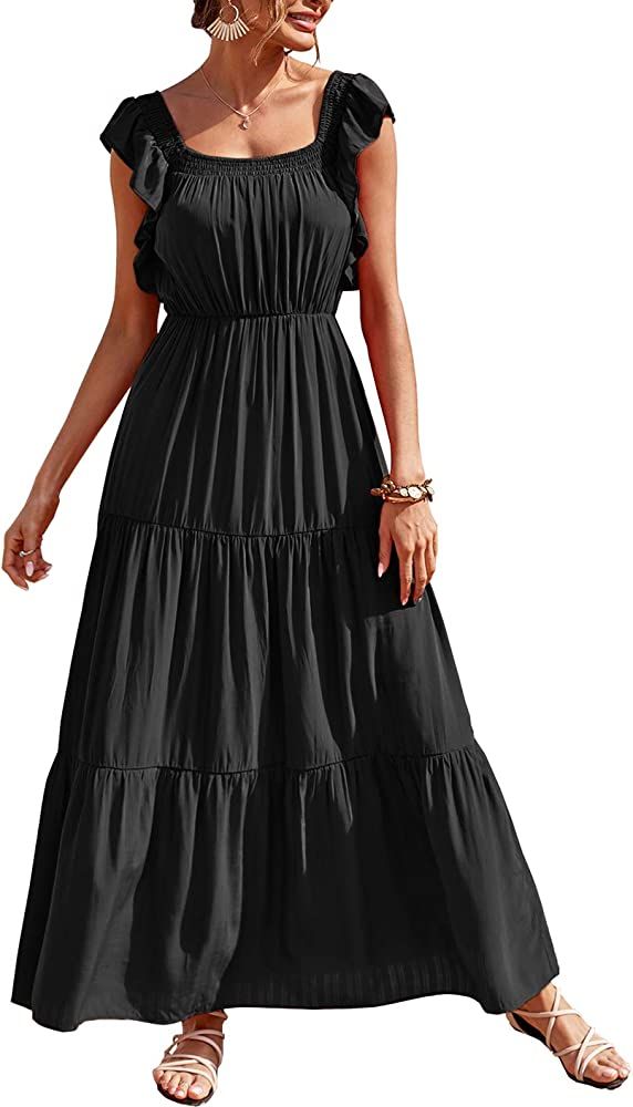 PRETTYGARDEN Women’s Bohemian Sleeveless Maxi Dress Square Neck Backless Boho Ruffle Hem Long Dress | Amazon (US)