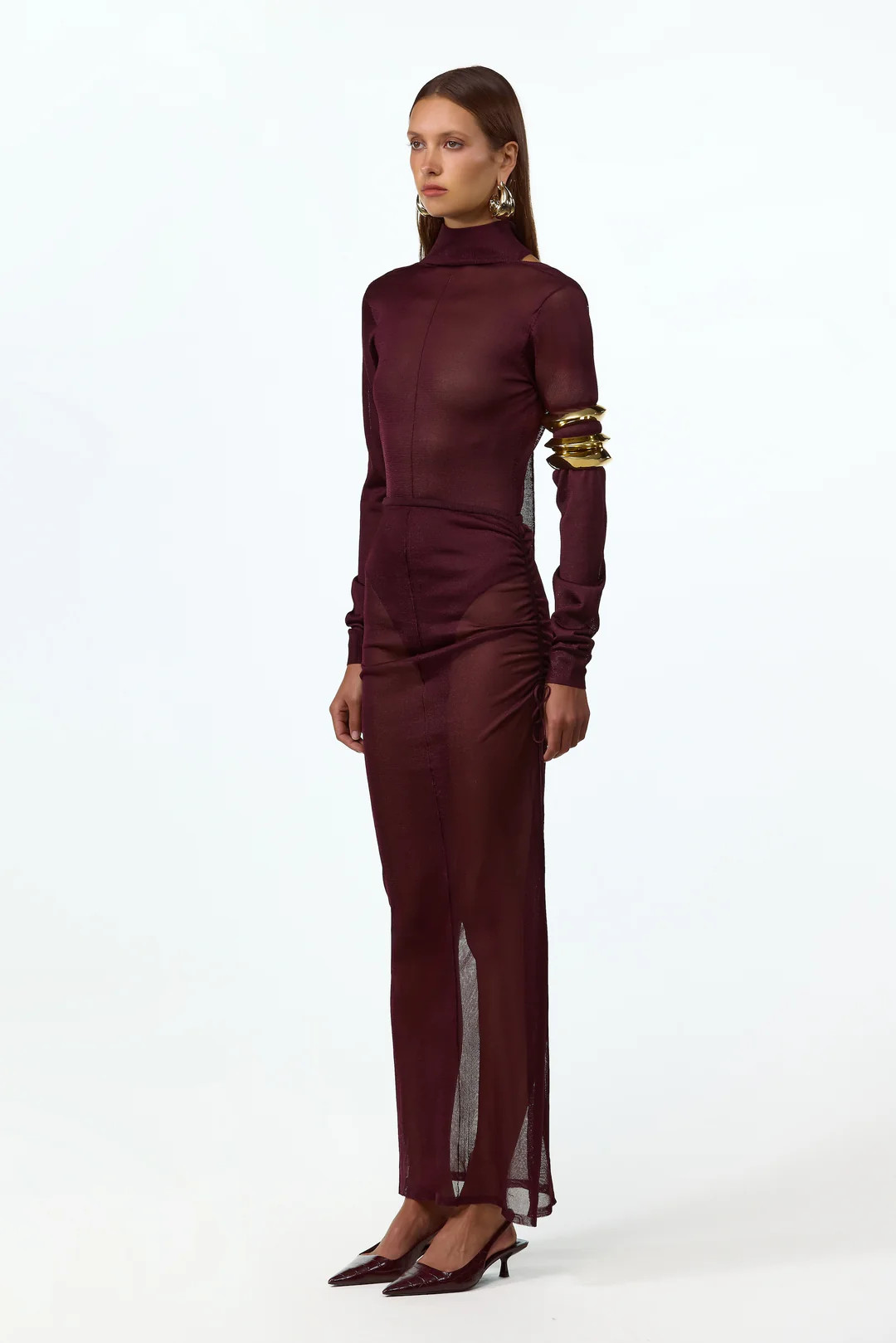 Ruched Knit Maxi Skirt (Merlot) | SAME