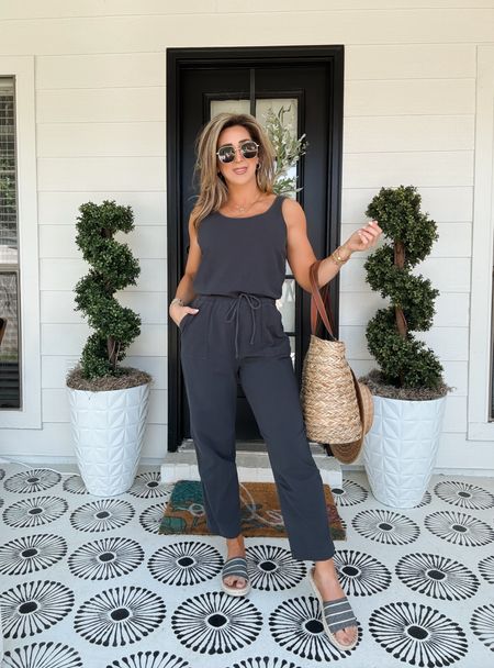 Sleeveless tank jumpsuit, drawstring waist, summer outfit, spring outfit, travel outfit, vacation outfit, straw bag, sunnies, sunglasses, sandals, Amazon outfit 

#LTKfindsunder100 #LTKstyletip #LTKover40