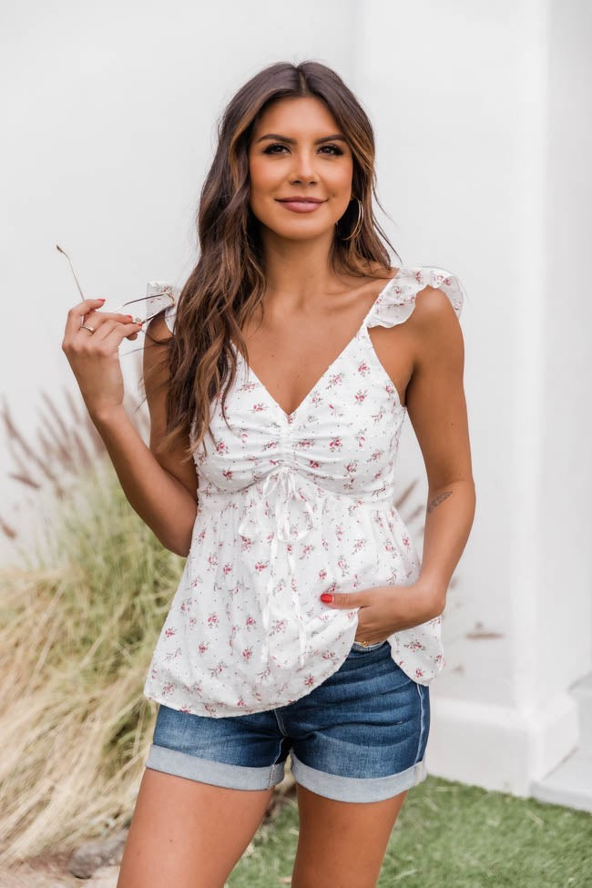 Second Thoughts Floral Cinched Bust Ivory Tank | Pink Lily