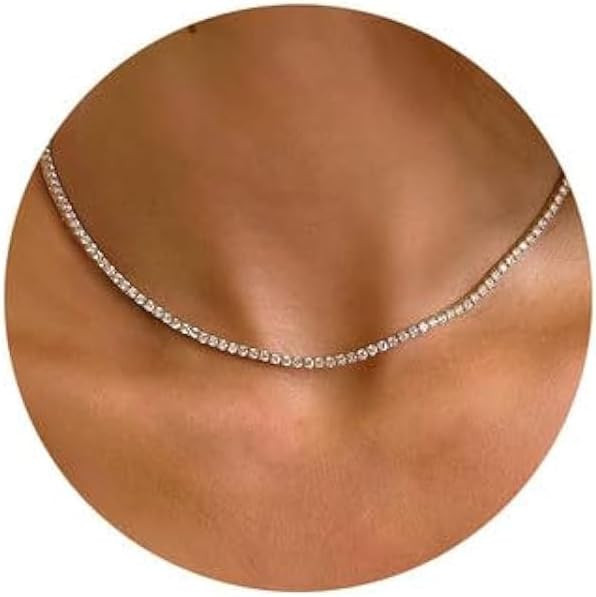 Tewiky Tennis Necklace 14K Gold Plated/Silver Sparking Rhinestone Choker Necklaces Dainty Crystal... | Amazon (US)