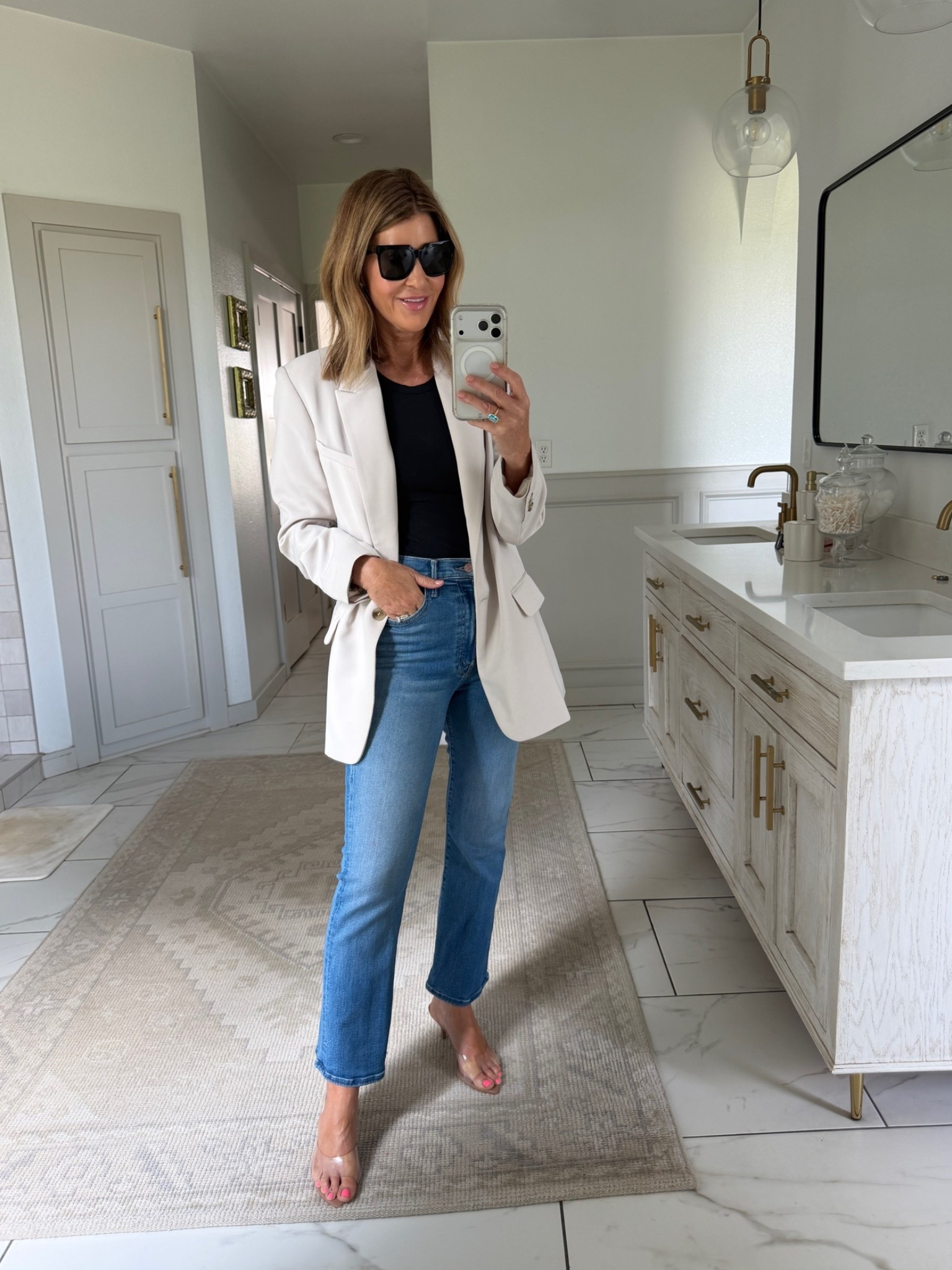 This outfit on sale Nordstrom sale 
Wearing a size 27 in Mother jeans and a size small blazer

#LTKOver40 #LTKSaleAlert