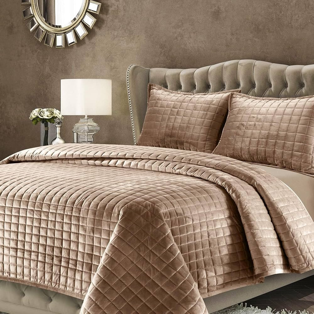 Tribeca Living Luxury Velvet Quilt Set Queen Bedding Set, 260 GSM Soft Velvet Oversized Comforter... | Amazon (US)