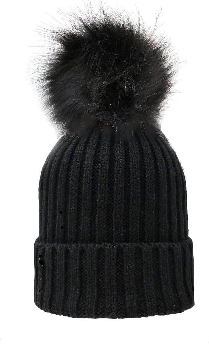 Women's Winter Trendy Warm Faux Fur Pom Pom Fashion Knit Beanie Hats MM3003 | Amazon (US)