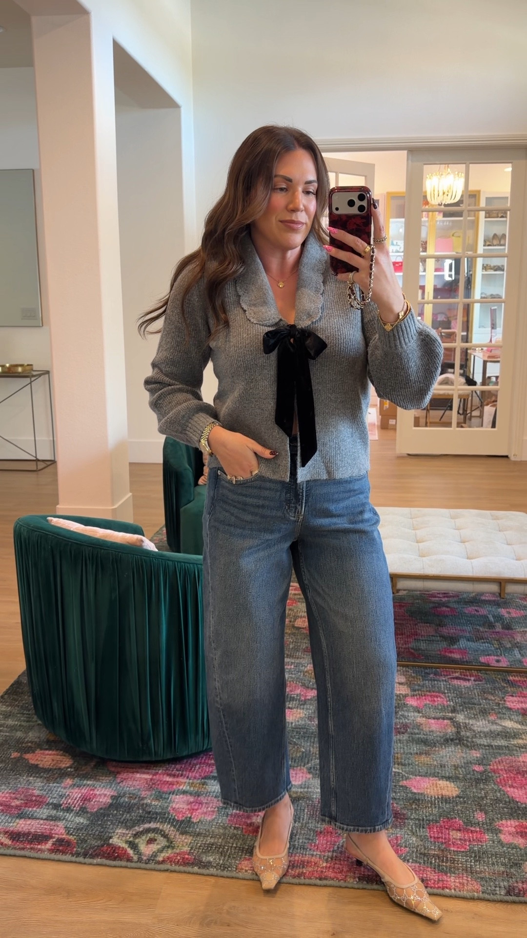 curvy midsize fall look! wearing size medium in gray and black bow sweater (soo soft!) and size medium in barrel denim

#LTKSeasonal #LTKMidsize