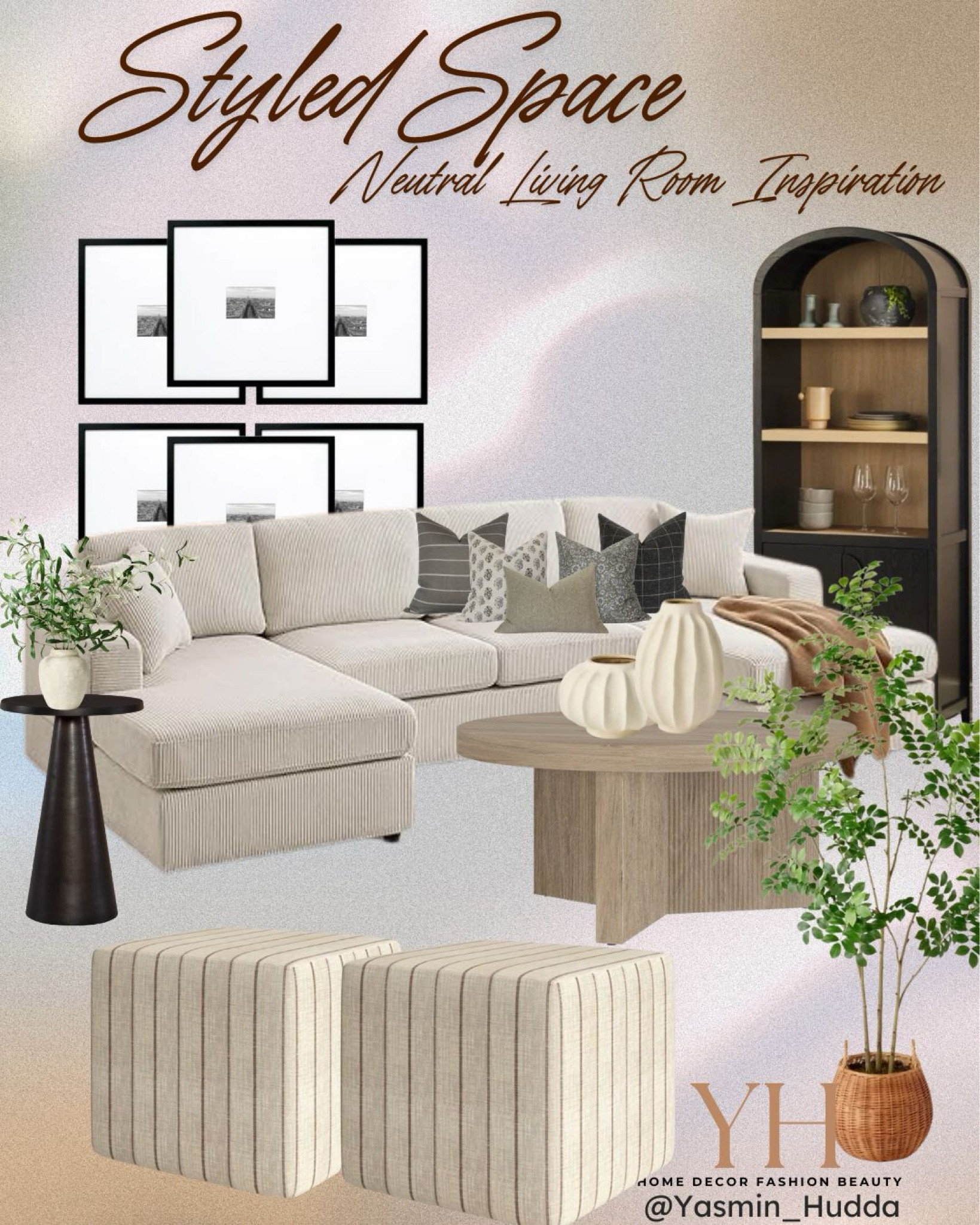 Where comfort meets style. A neutral living room that's both inviting and inspiring. Shop the look! 
Living room home decor, Living room inspiration, Amazon sectional, target home decor, arched bookcase cabinet, ottomans, coffee table, accent table, vases, faux tree, wall gallery, Wayfair home finds.

#LTKStyleTip #LTKHome