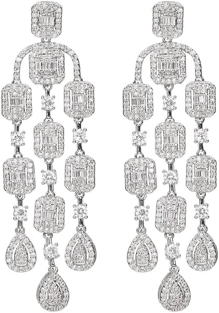 14K White Gold Crystal Chandelier Earrings for Women,Dainty Moissanite Drop Dangle Earrings,Fashi... | Amazon (US)