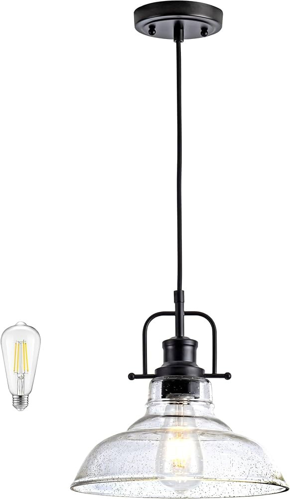 Black Industrial Pendant Light Farmhouse 1-Light with Adjustable Cord, Seeded Glass Shade,Rectang... | Amazon (US)