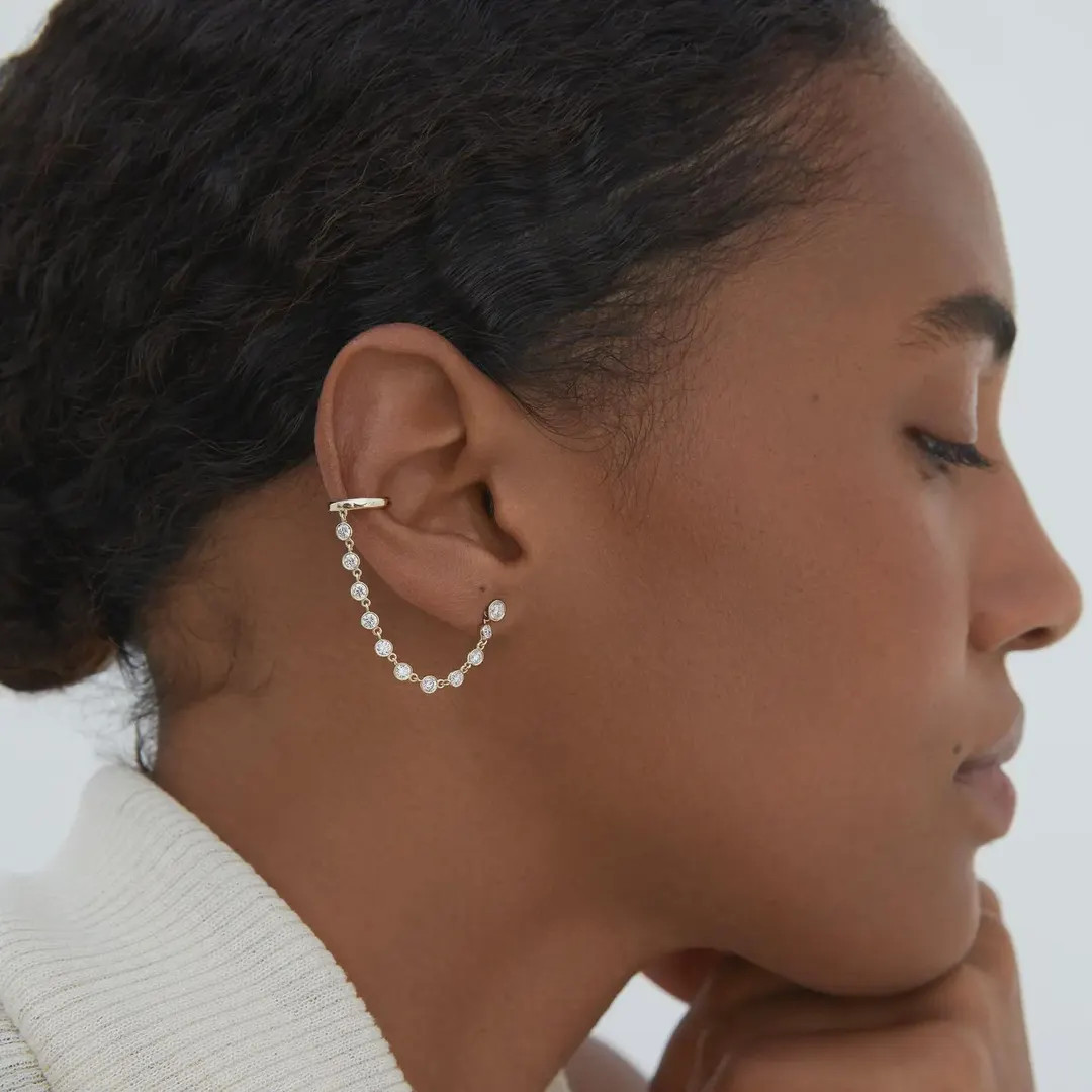 Double Piercing Ear Cuff Ear Stud Chain Jacket Front Back Ear Chain 14k 18k Gold Enhancer Earring... | Etsy (US)