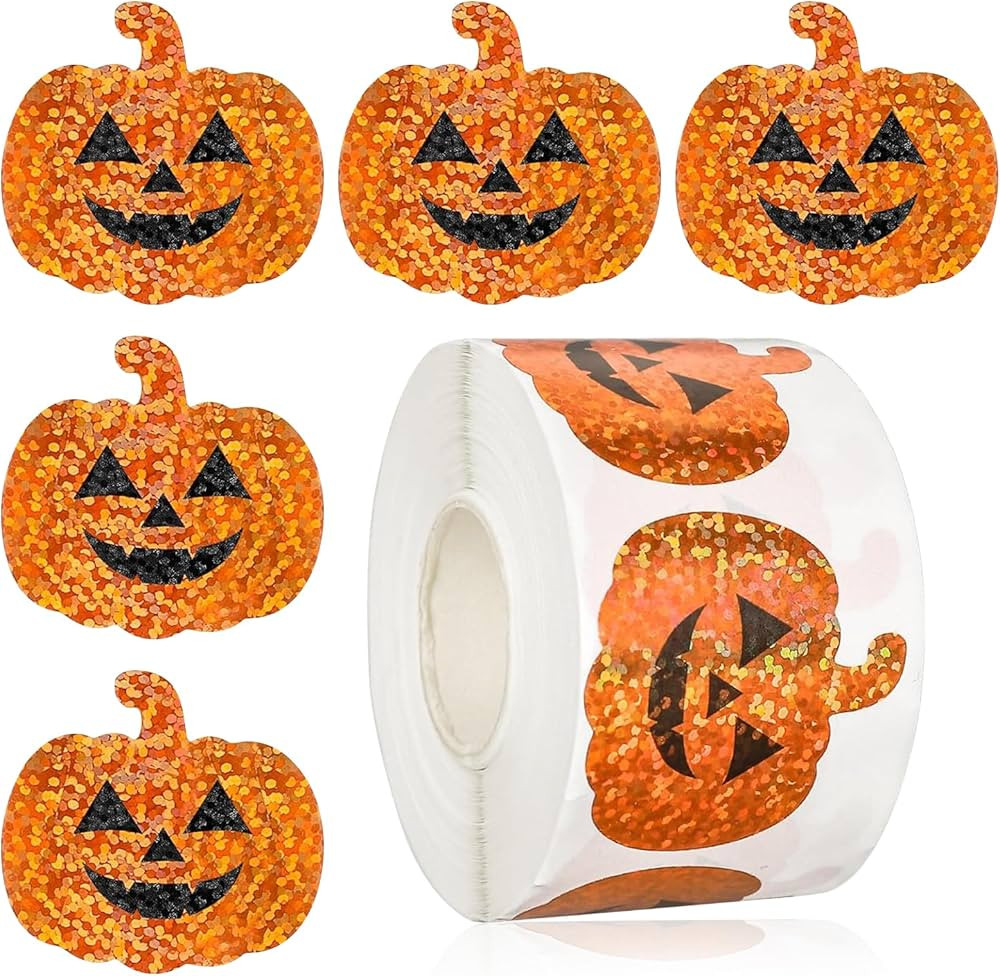 500Pcs Halloween Pumpkin Stickers Roll Laser Pumpkin Shape Waterproof Decals Orange Sparkly Self-... | Amazon (US)