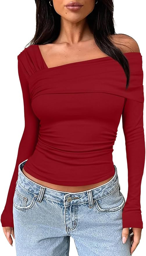 Darong Women's Off Shoulder Tops Y2K Shirt Slim Fit Ruched Crop Top Long Sleeves Spring Fall Blou... | Amazon (US)