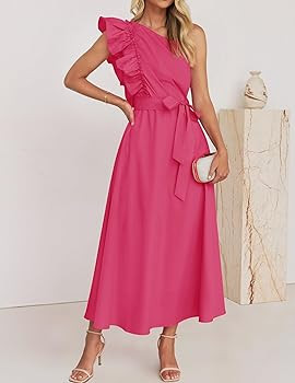 ZESICA Womens 2026 Summer One Shoulder Ruffle Maxi Dress Boho Sleeveless Empire Waist Tie Flowy B... | Amazon (US)