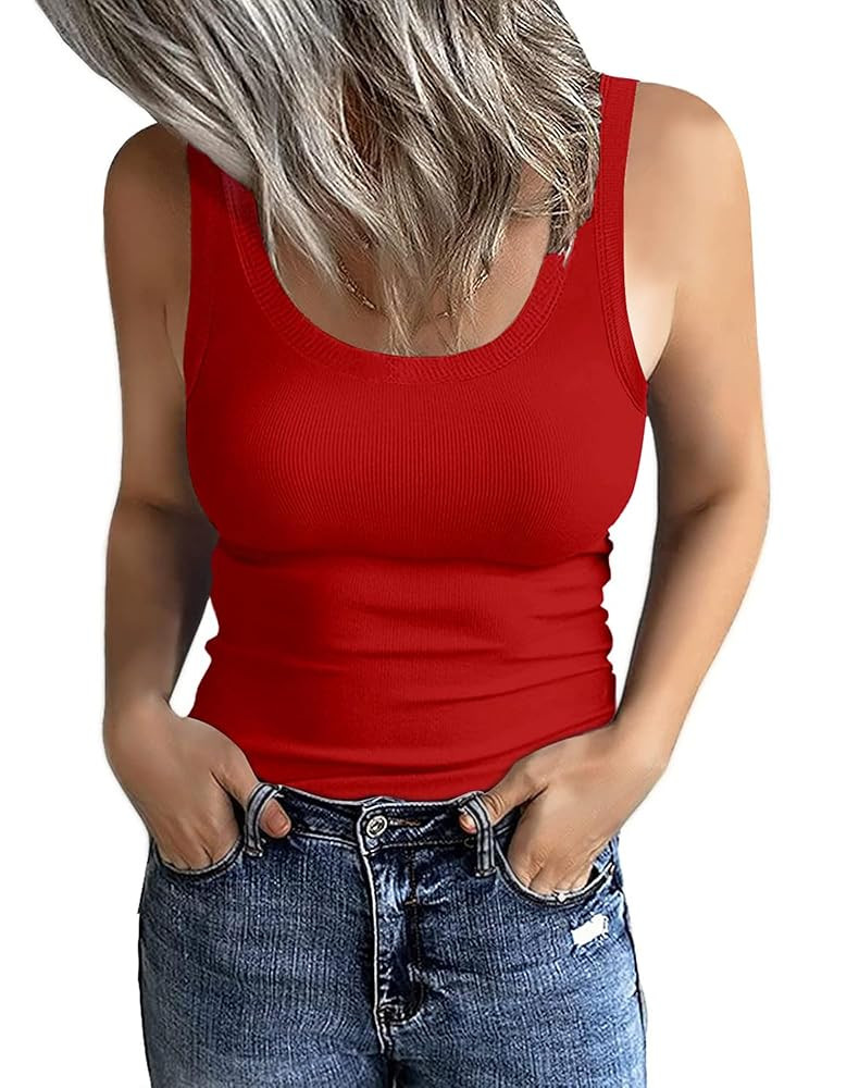 GEMBERA Women's Sleeveless Scoop Neck Ribbed Tank Tops Fitted Basic Cami Tee Shirts | Amazon (US)