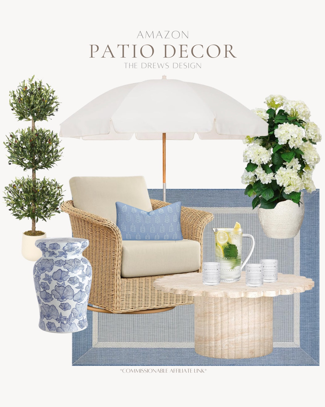 Patio decor includes outdoor rug, outdoor coffee table, pitcher and glasses, outdoor chair, outdoor pillow, outdoor botanicals, planter, side table, and umbrella.

Outdoor patio decor, outdoor decor, looks for lesss

#LTKvlog #LTKSeasonal #LTKHome