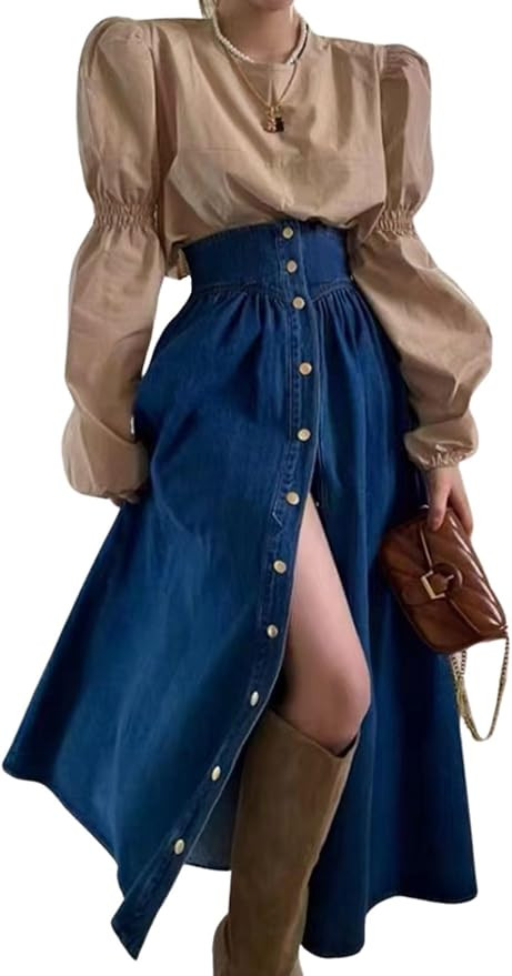utcoco Women's High Waist Long Denim Skirt Button Down Swing A-Line Jean Maxi Skirt with Pockets | Amazon (US)