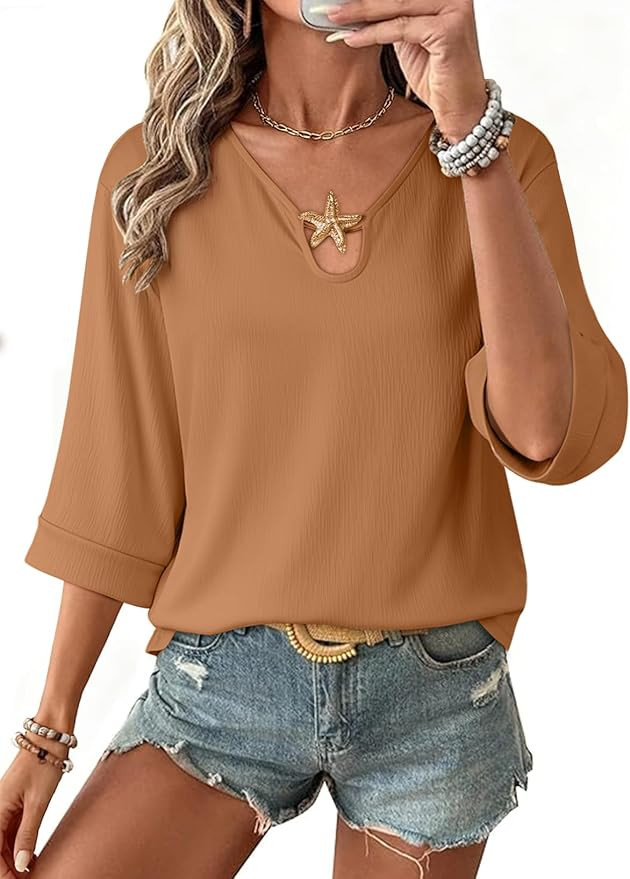SHEWIN Women's Tops 3/4 Sleeves Business Casual Dressy Elegant Blouses Loose Shirts 2026 | Amazon (US)